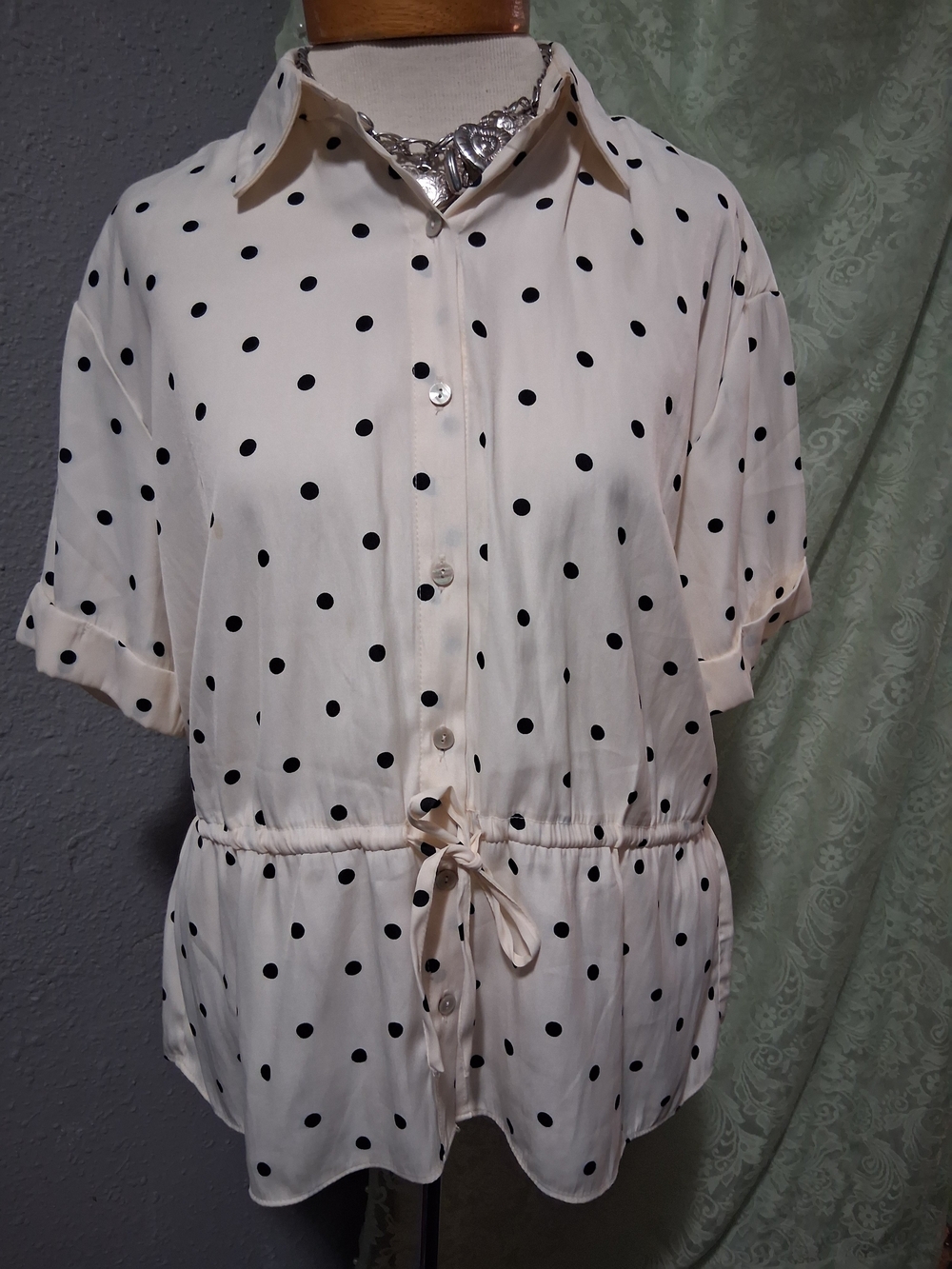 Rose & Olive  Polka Dot Drawstring Button-Up Blouse